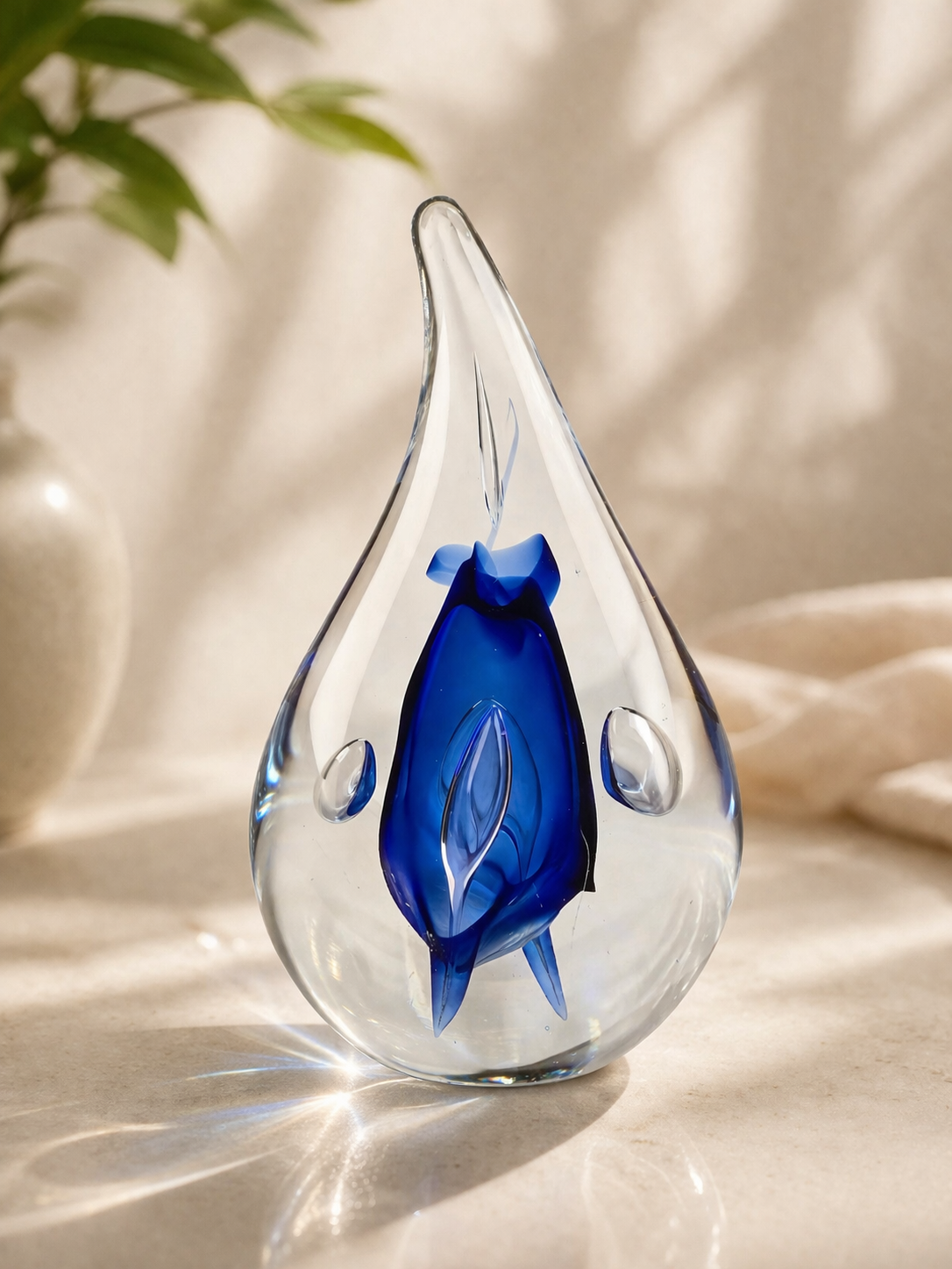 Signed AJ Blue Art Glass Teardrop Paperweight — Cobalt Core Handblown Studio Glass Sculpture
