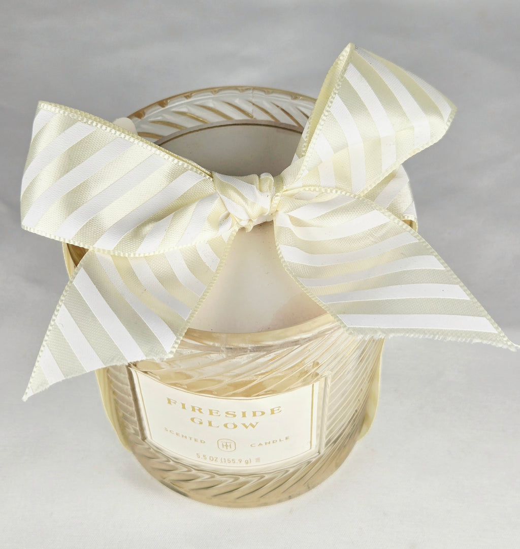 Fireside Glow Scented Candle 5.5 oz Textured Glass Jar Ribbon Bow Decorative Home Candle