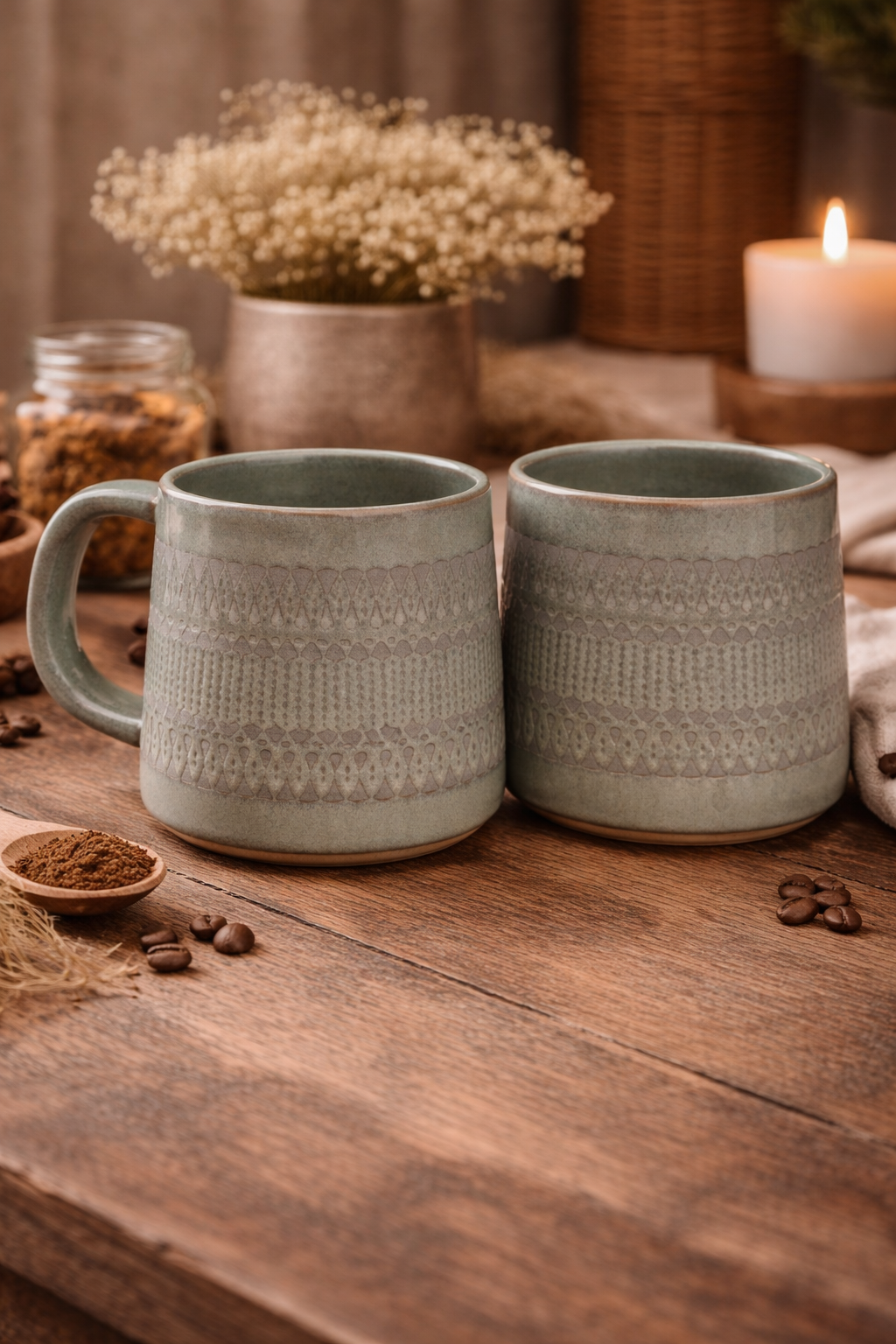 Hearth & Hand with Magnolia Sage Green Textured Stoneware Mug Set of 2 | Rustic Farmhouse Coffee Cups