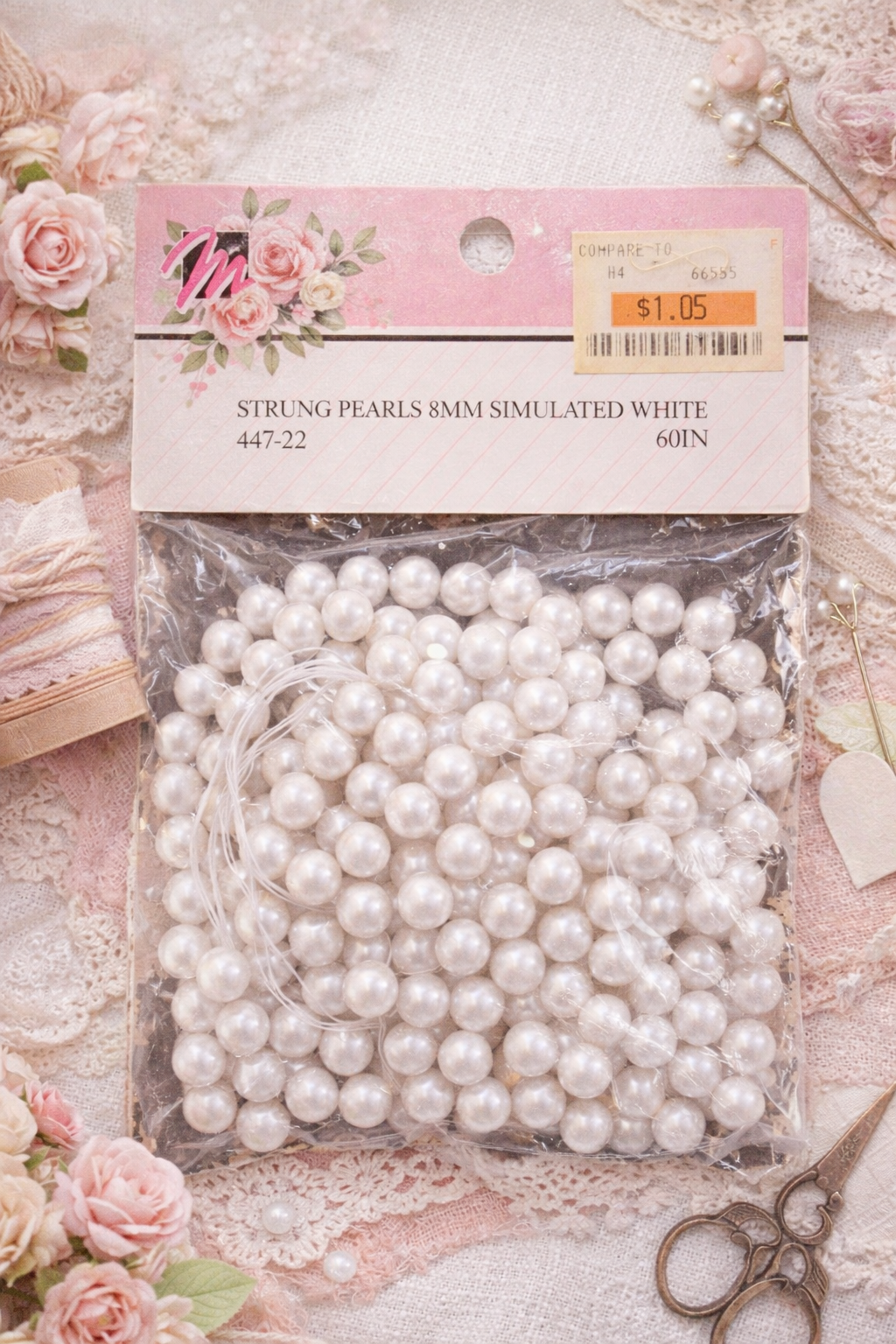 Mangelsen’s Classic Simulated Pearl Strand Set | 8mm White Beads | Unused Craft & Jewelry Supply | 60 Inch