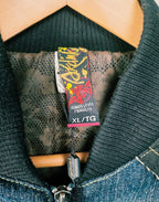 Y2K Akademiks Cropped Denim Bomber Jacket – Embroidered Buckle Detail Zip-Up