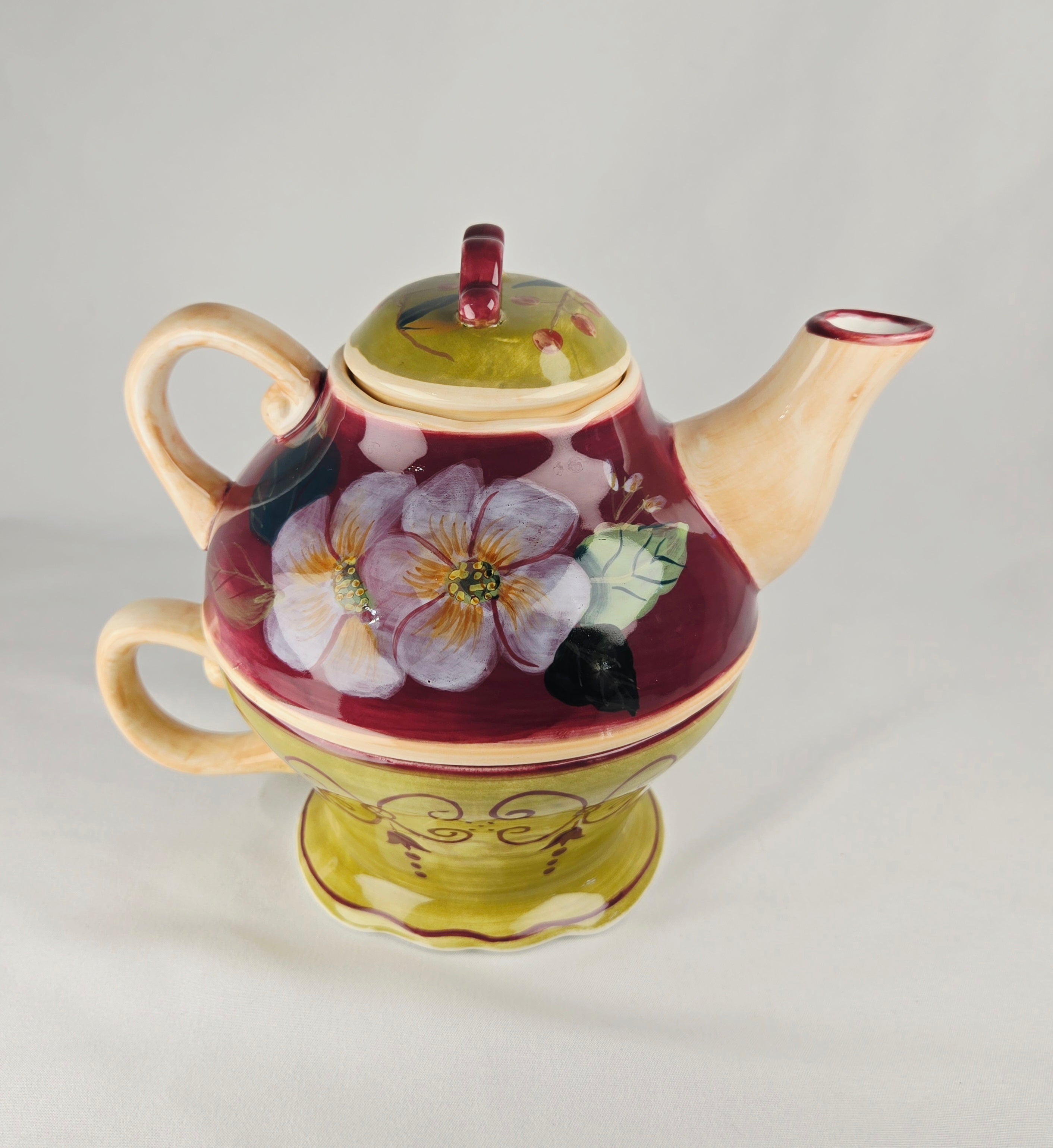 Barnes & Noble Café Floral Teapot & Matching Cup Set | Hand-Painted Stoneware |Cottage Café Style