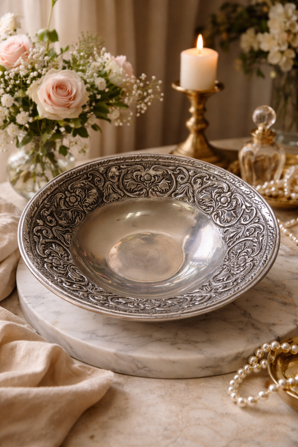Wilton Armetale RWP Pewter Bowl – Embossed Floral Design | Vintage American Pewter decorative serving bowl american history