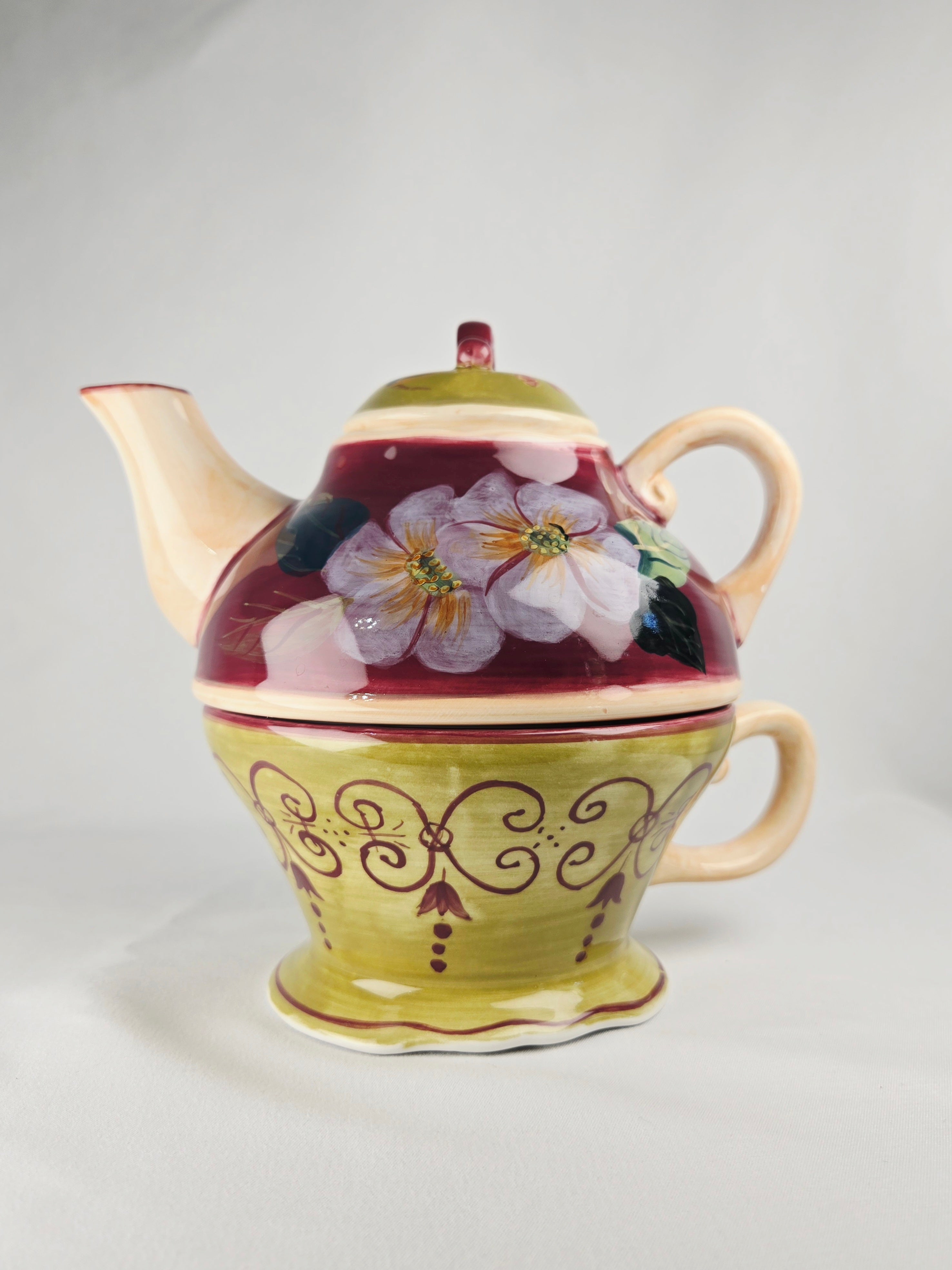 Barnes & Noble Café Floral Teapot & Matching Cup Set | Hand-Painted Stoneware |Cottage Café Style