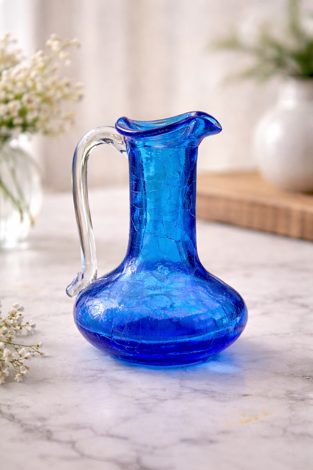 Crackle Glass Vintage Cobalt Blue Mini Pitcher Creamer – Handled Art Glass Pitcher