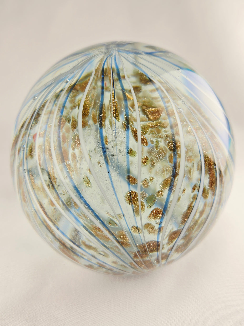 Handblown Art Glass Orb Paperweight — Blue Ribbon Swirl with Gold Fleck Interior
