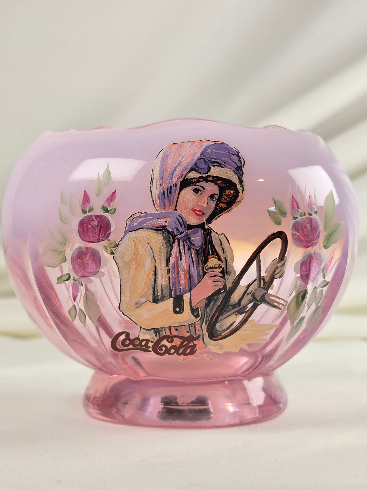 Vintage Fenton Coca-Cola Girl Pink Opalescent Glass Rose Bowl – Signed J. Peyton