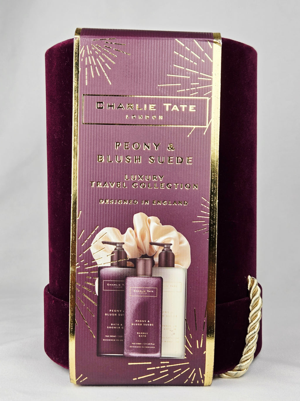Charlie Tate London Peony & Blush Suede Luxury Travel Collection Bath Gift Set – Velvet Hatbox Presentation