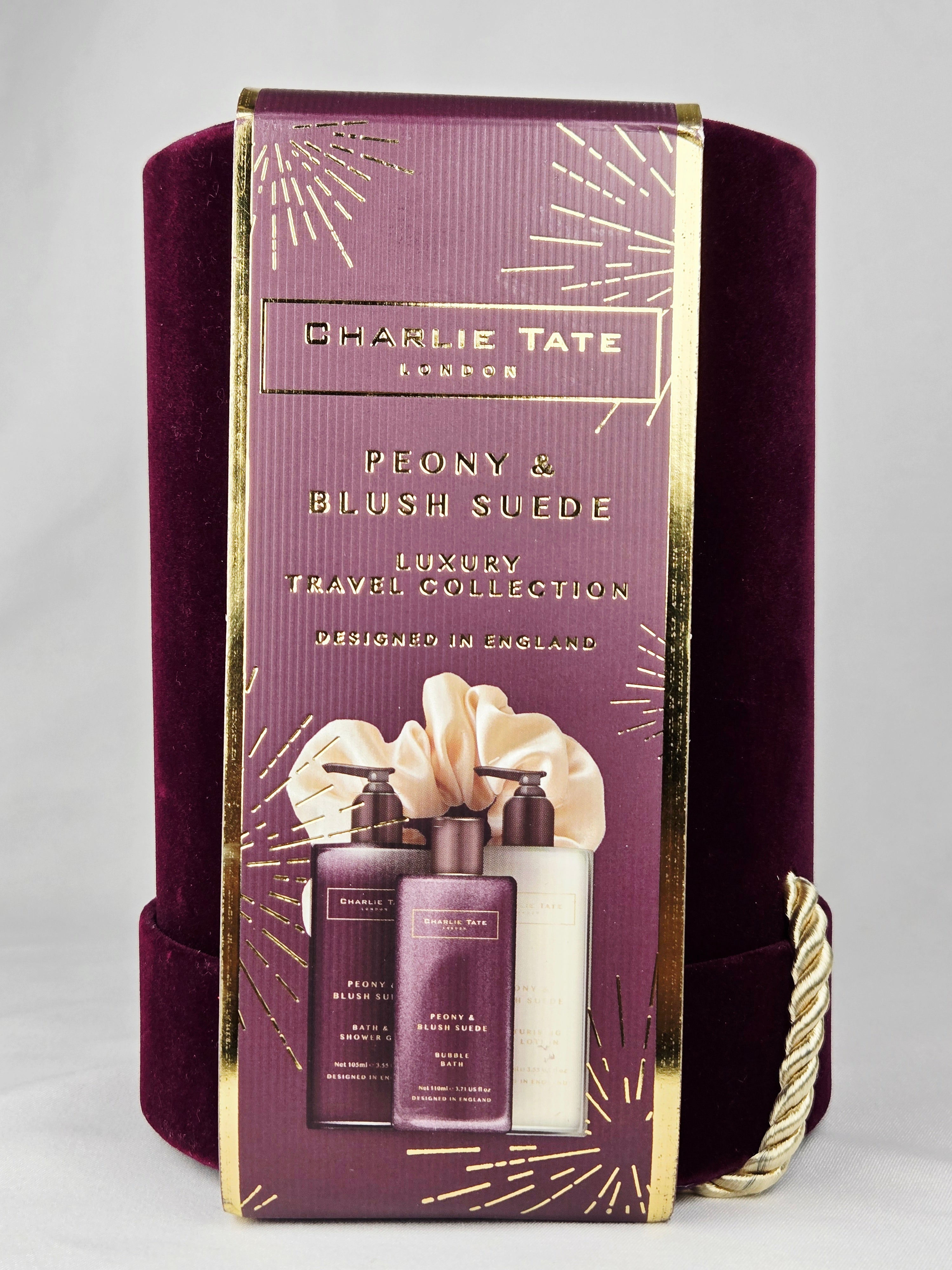 Charlie Tate London Peony & Blush Suede Luxury Travel Collection Bath Gift Set – Velvet Hatbox Presentation