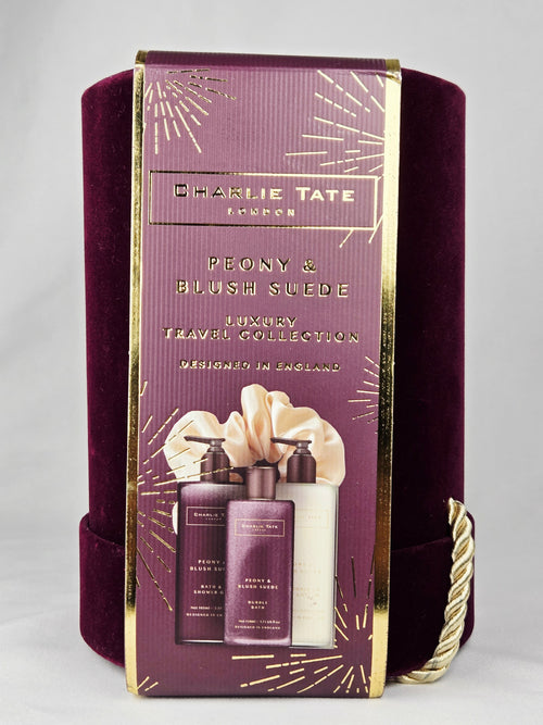 Charlie Tate London Peony & Blush Suede Luxury Travel Collection Bath Gift Set – Velvet Hatbox Presentation