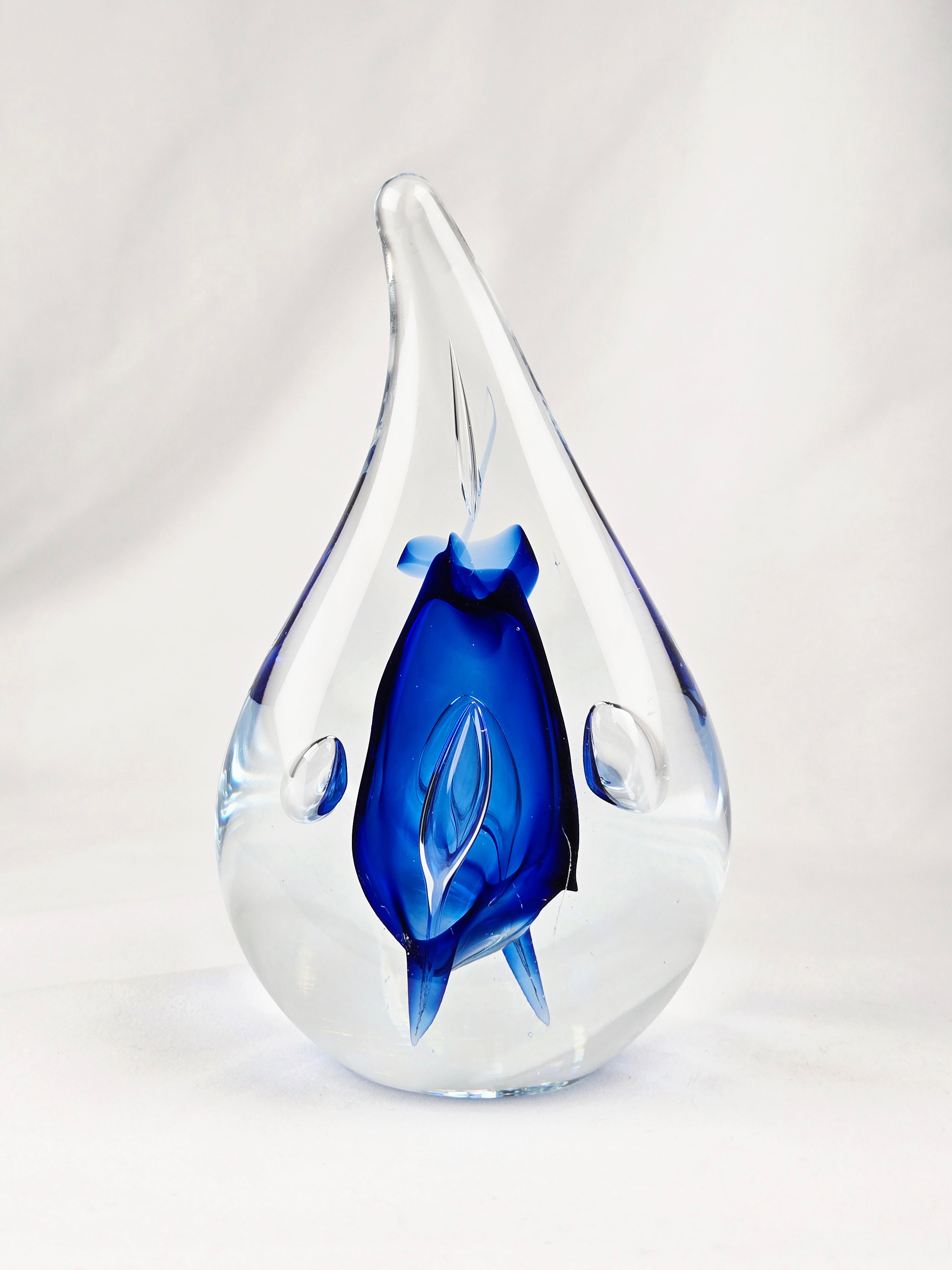 Signed AJ Blue Art Glass Teardrop Paperweight — Cobalt Core Handblown Studio Glass Sculpture -6.5"