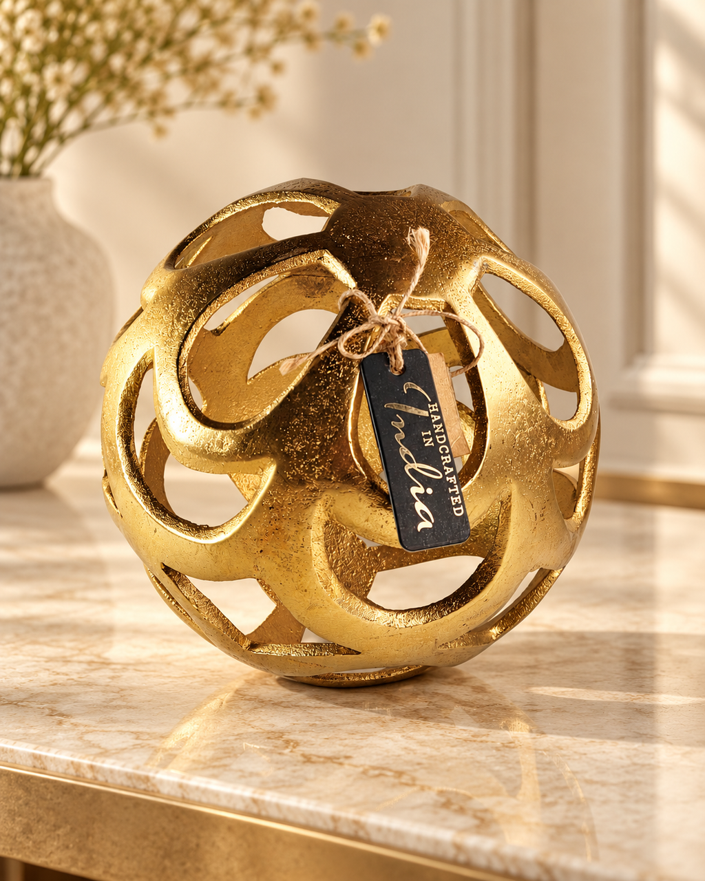 Handcrafted Gold Metal Openwork Orb Sculpture 8" Decorative Sphere India