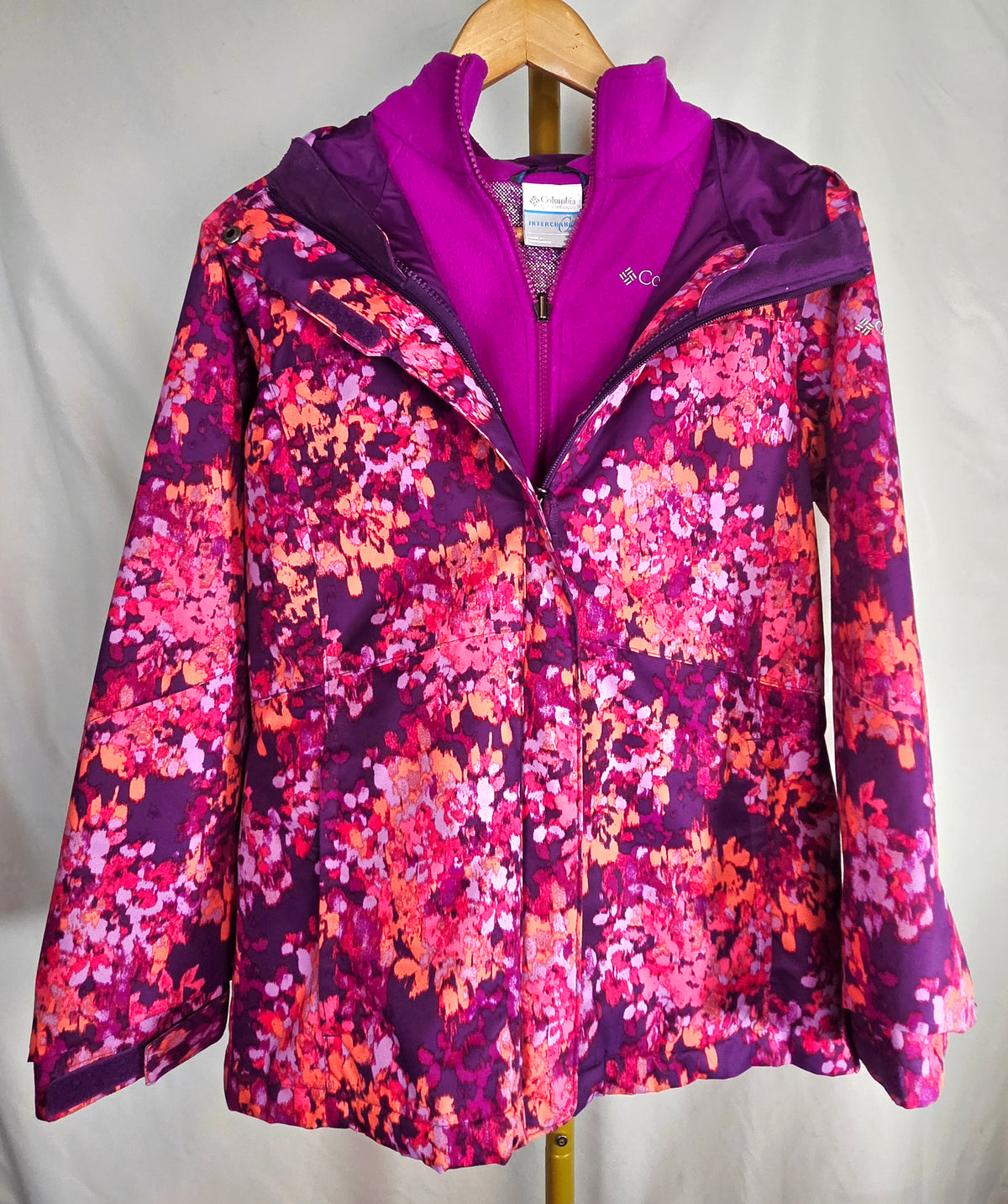 Columbia Girls Interchange 3-in-1 Floral Jacket with Fleece Liner — Size Large