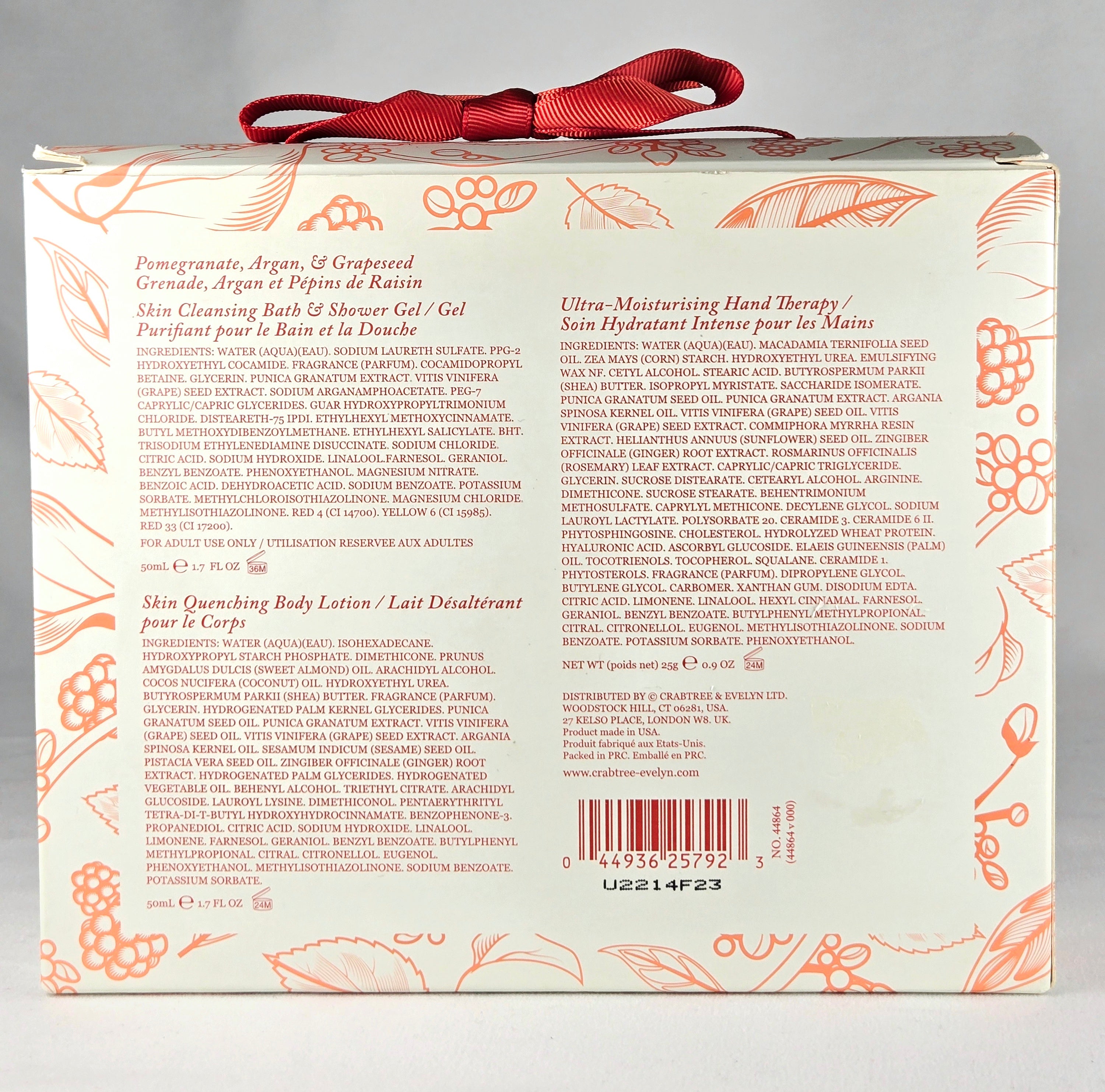 Crabtree & Evelyn Pomegranate Hand Care Gift Set Bath Shower Gel Body Lotion Hand Therapy Argan & Grapeseed