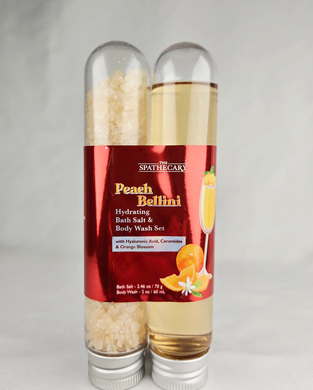 The Spathecary Peach Bellini Hydrating Bath Salt & Body Wash Set Hyaluronic Acid Ceramides Orange Blossom Travel Spa Duo
