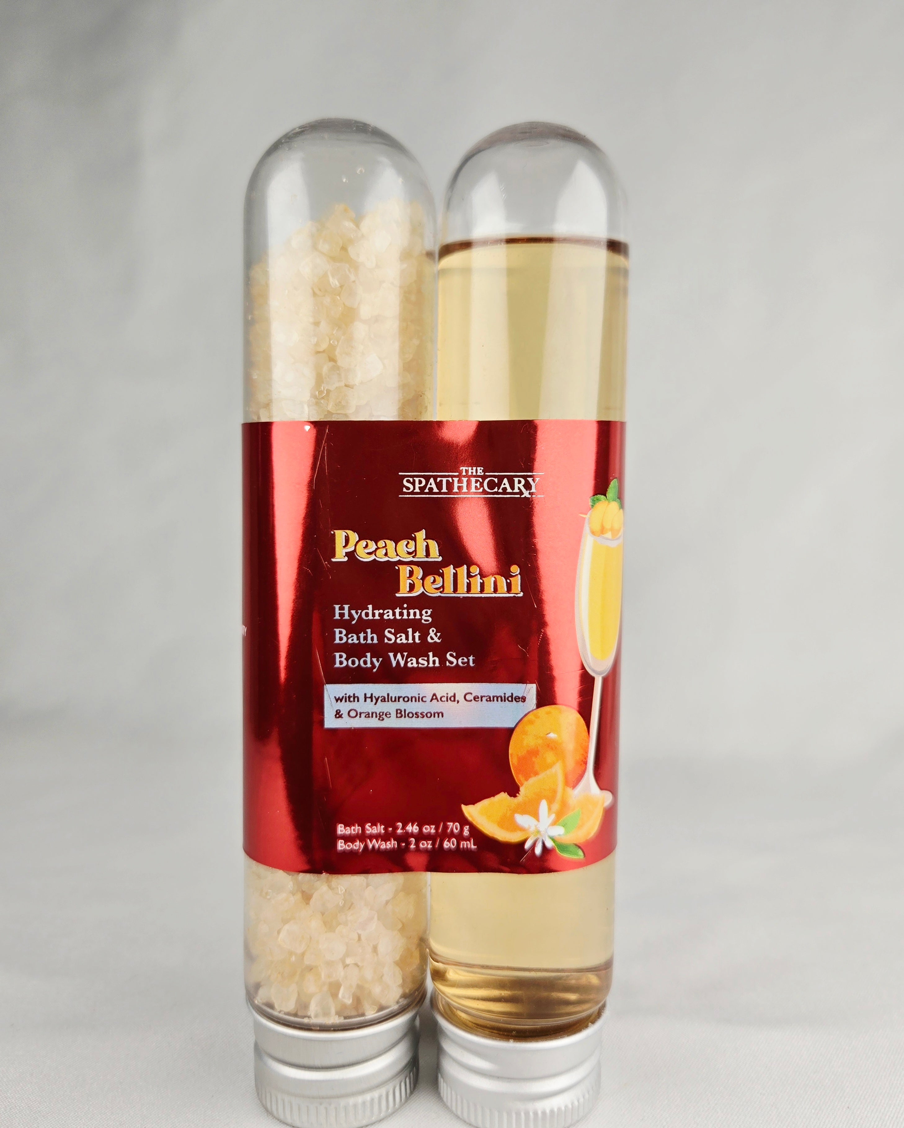 The Spathecary Peach Bellini Hydrating Bath Salt & Body Wash Set Hyaluronic Acid Ceramides Orange Blossom Travel Spa Duo