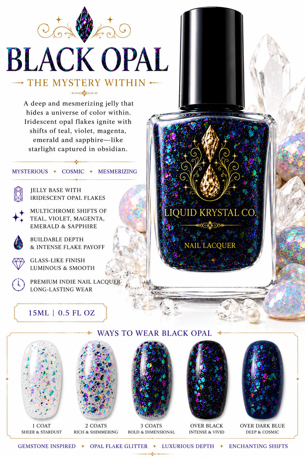 Prototype 2027 – NOT FOR SALE | Opal Trilogy Collection | Fire Opal, Moon Opal & Black Opal Jelly Flake Nail Polish Set | Liquid Krystal Co.