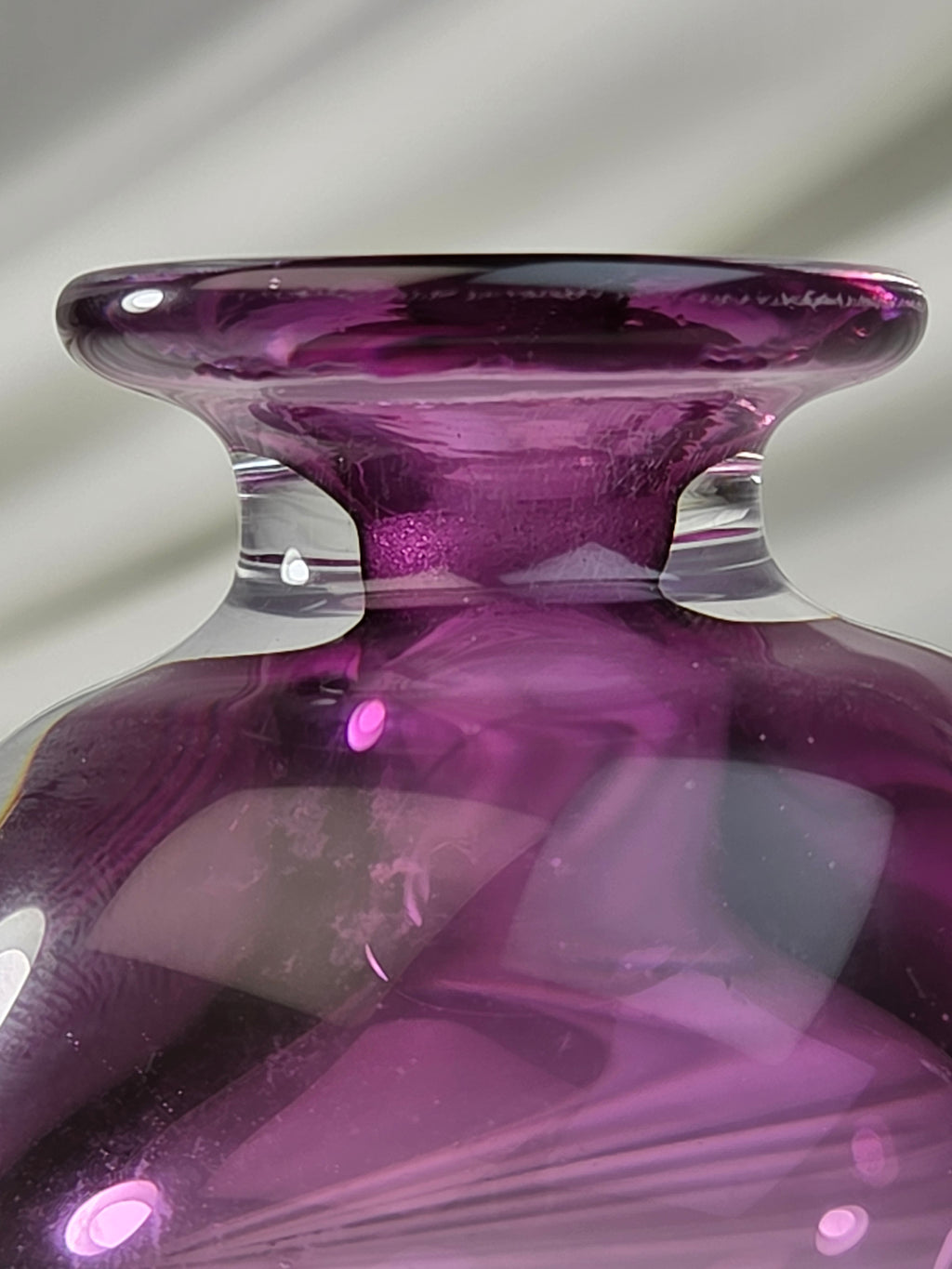 Vintage Signed R. Strand Swedish Art Glass Bud Vase 3.5" Amethyst Purple Clear MCM