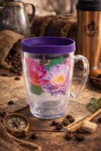 Tervis Double Wall Floral Travel Mug With Purple Lid & Handle – Insulated Coffee Cup