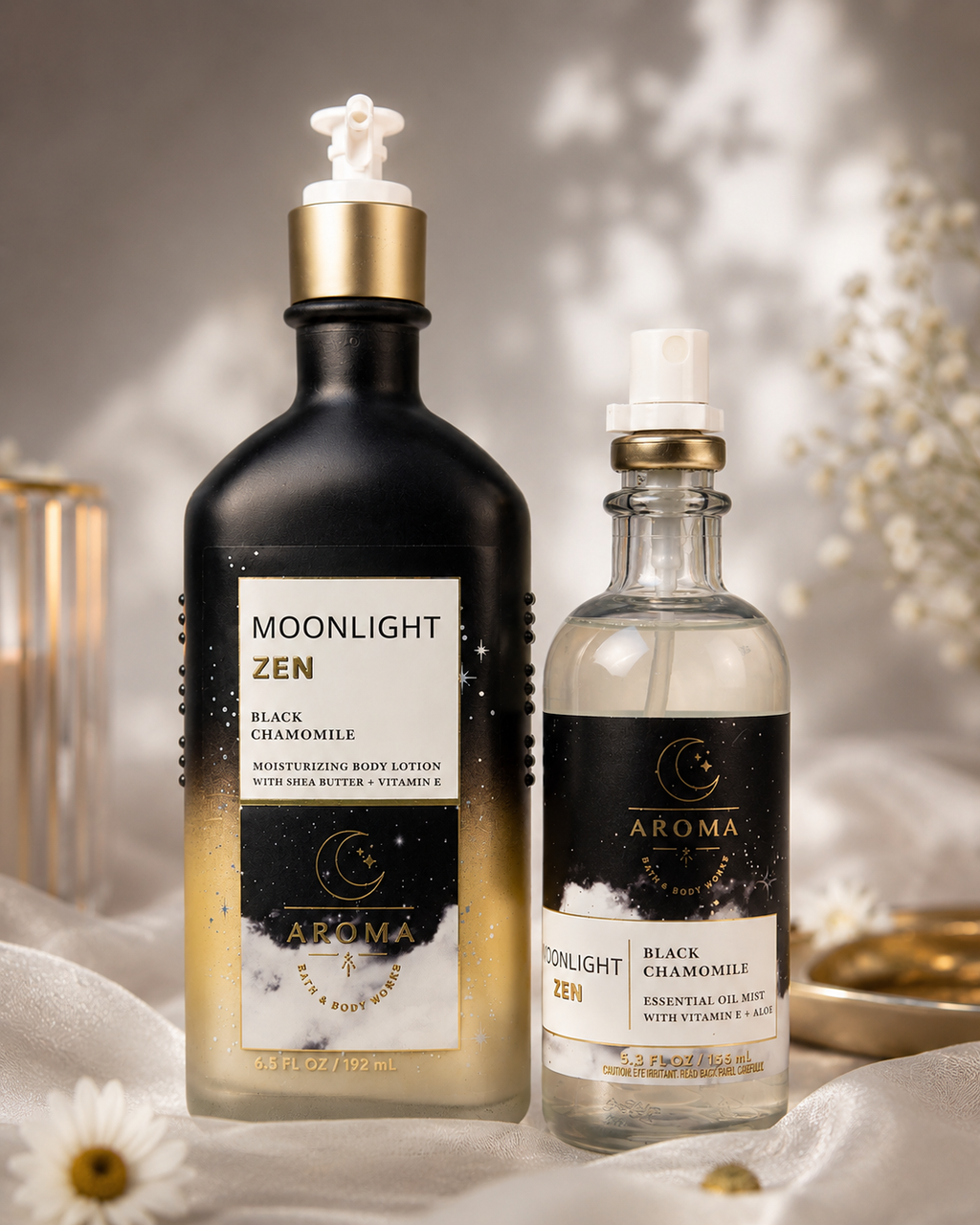 Moonlight Zen Black Chamomile Body Lotion & Essential Oil Mist Set New Unused Aroma Bath & Body Works