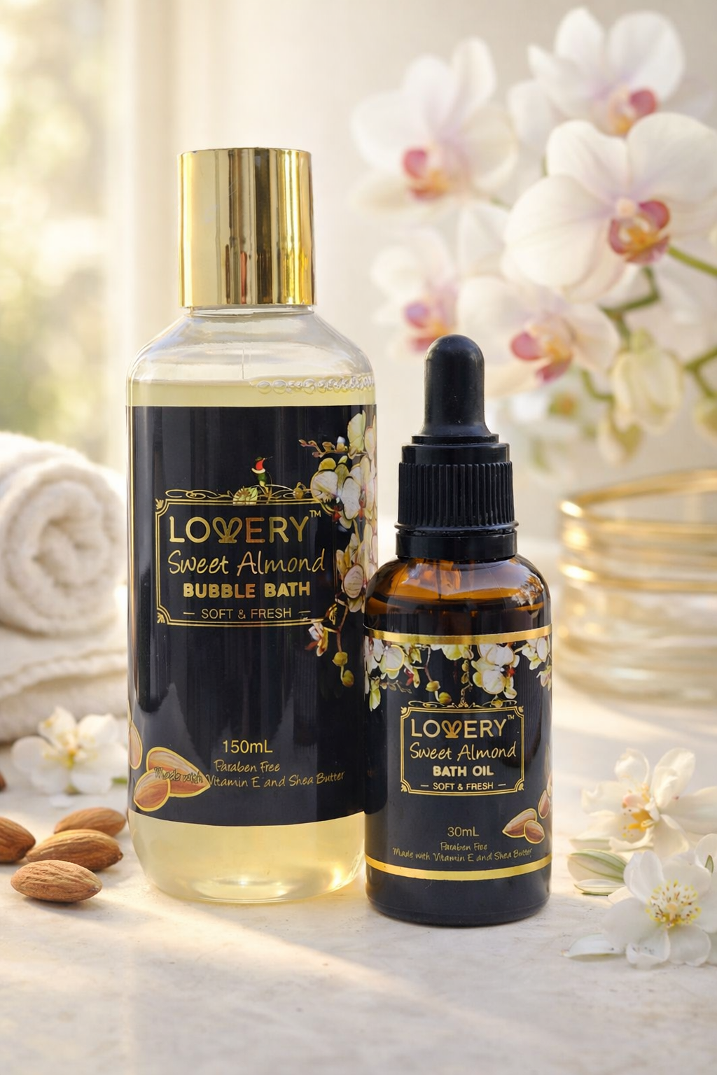 LOWERY Sweet Almond Bubble Bath 150ml + Bath Oil 30ml Spa Set | Soft & Fresh Scent | Paraben-Free Self Care Duo