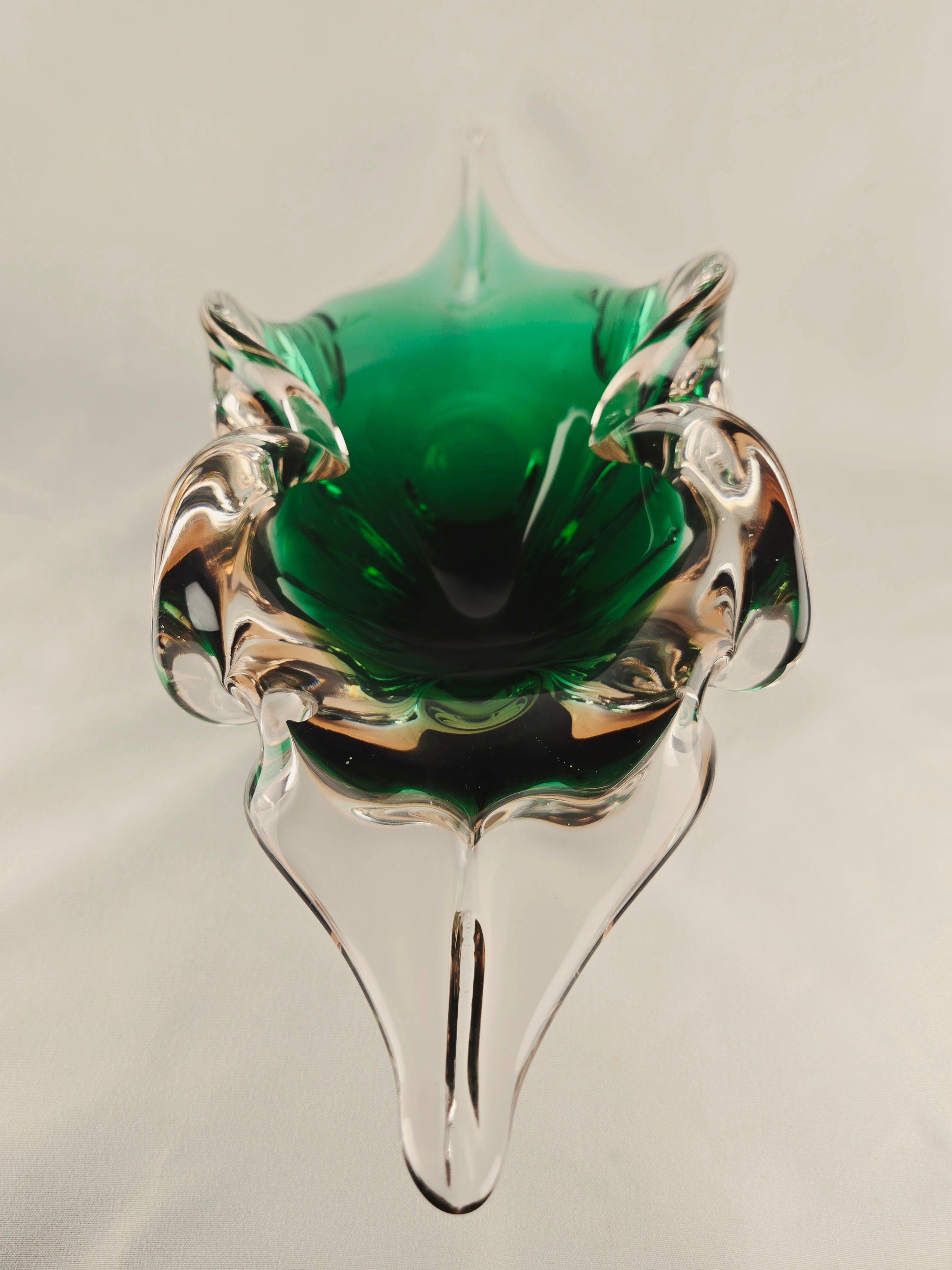 Large Sculptural Sommerso Art Glass Bowl – Emerald Green & Blush 12” Centerpiece