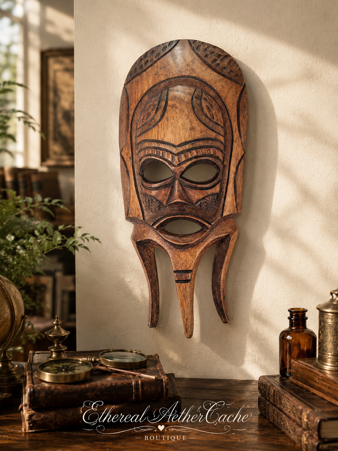 Hand Carved Wooden Tribal Wall Mask 14" Folk Art Decorative Wall Hanging Vintage