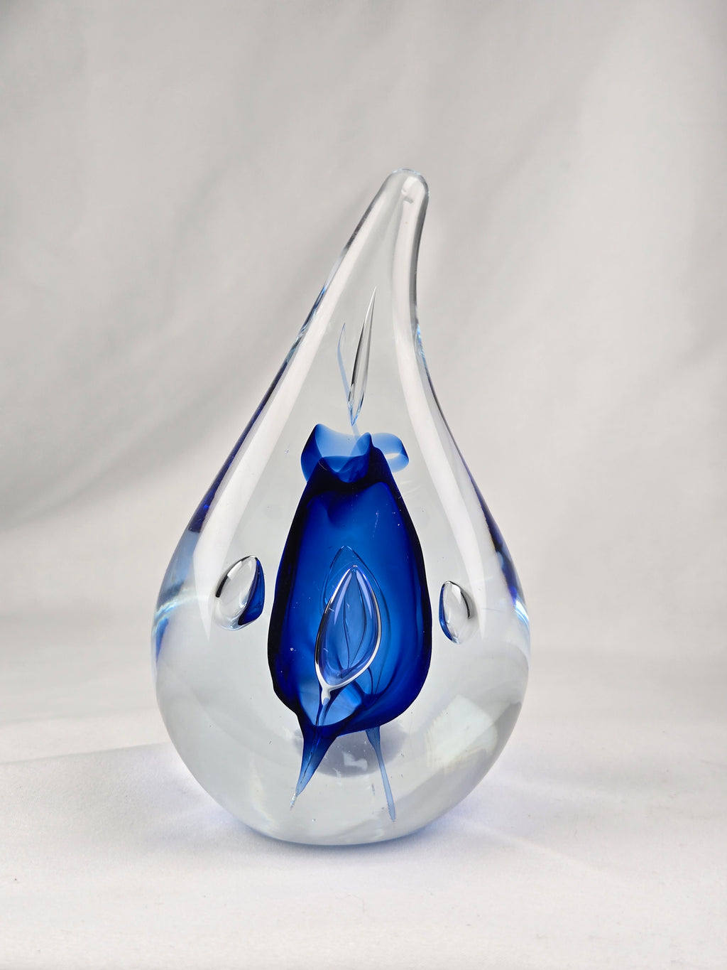 Signed AJ Blue Art Glass Teardrop Paperweight — Cobalt Core Handblown Studio Glass Sculpture -6.5"