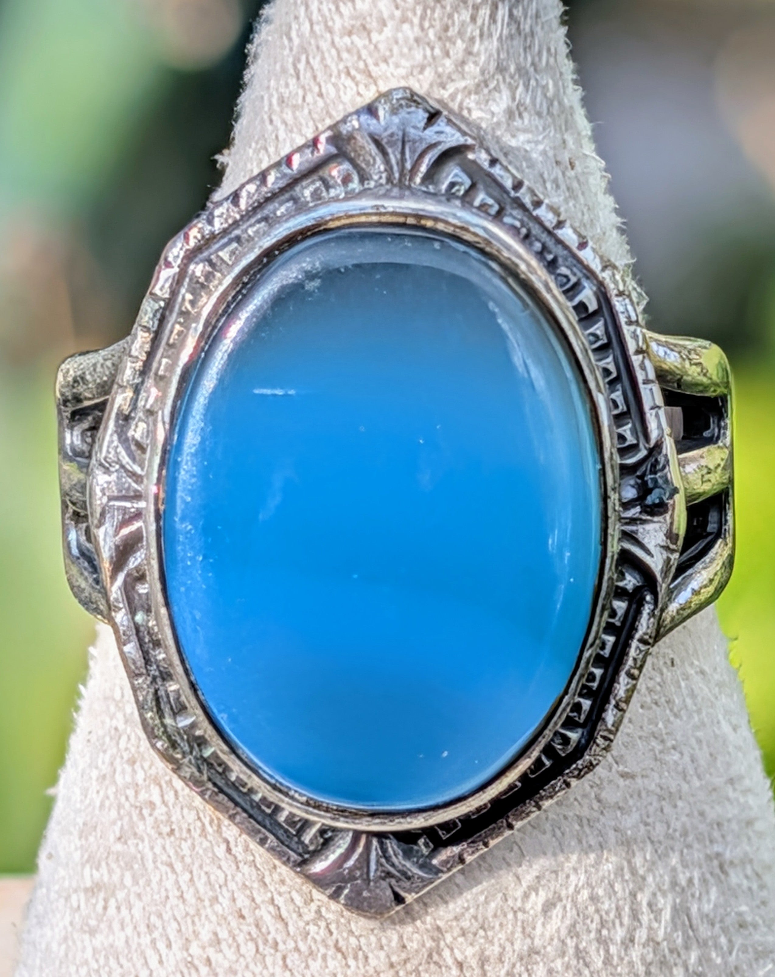 Vintage Sterling Silver Blue Chalcedony Ring Size 5 Art Deco Style Statement Ring