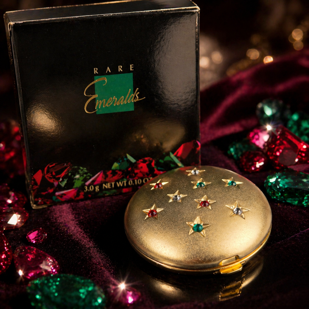 Rare Emeralds ✧ Vintage Avon Creme-to-Powder Perfume Compact (Gold Tone Star Compact, 3.0g / 0.10 oz)