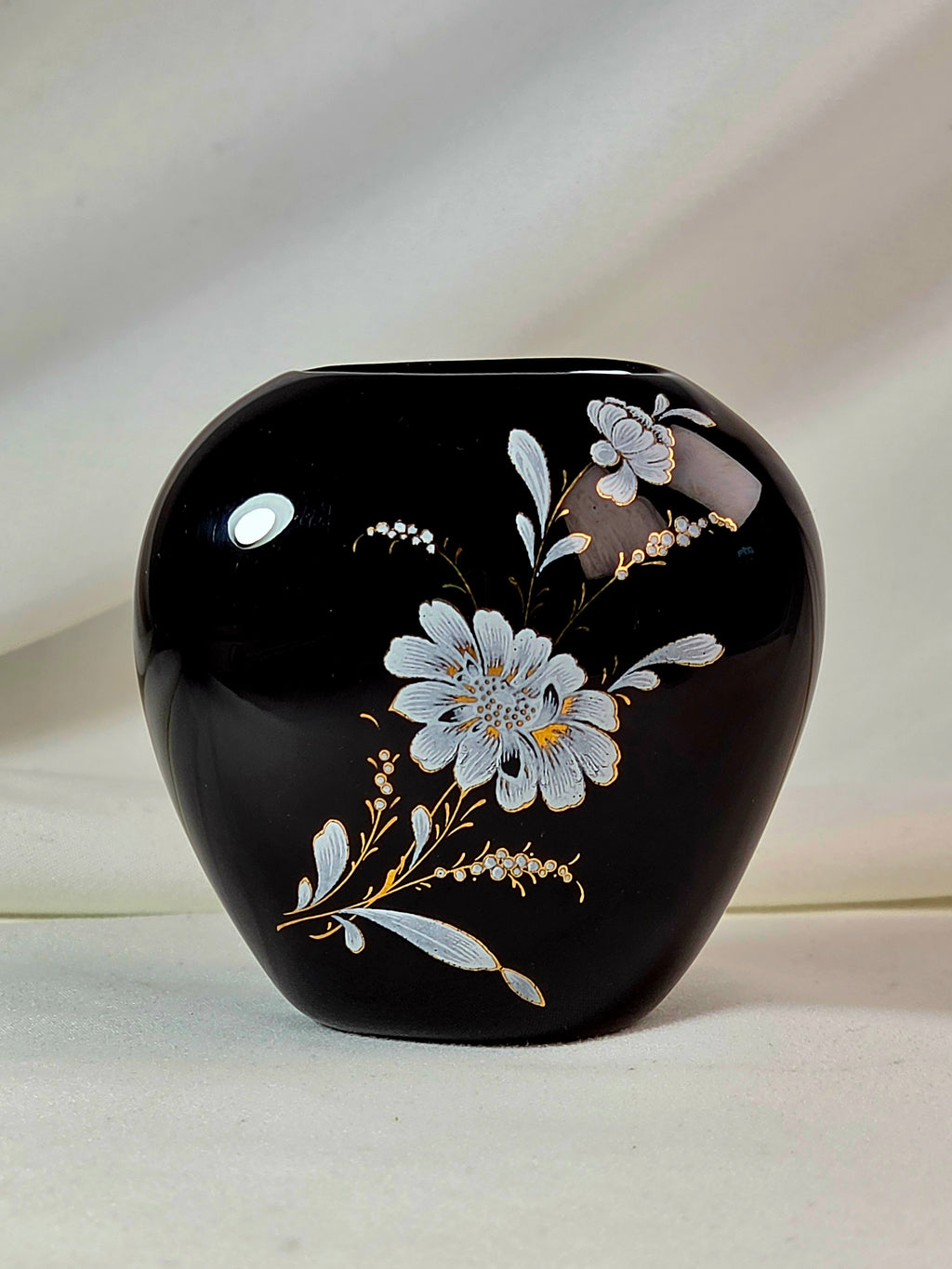 Miniature Black Floral Vase White Flowers Gold Accents Small Vintage Style Bud Vase