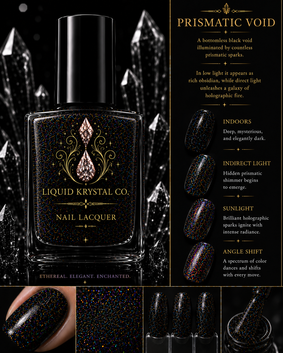 Prismatic Void Holographic Black Nail Lacquer Rainbow Microglitter Indie Polish | Liquid Krystal Co.