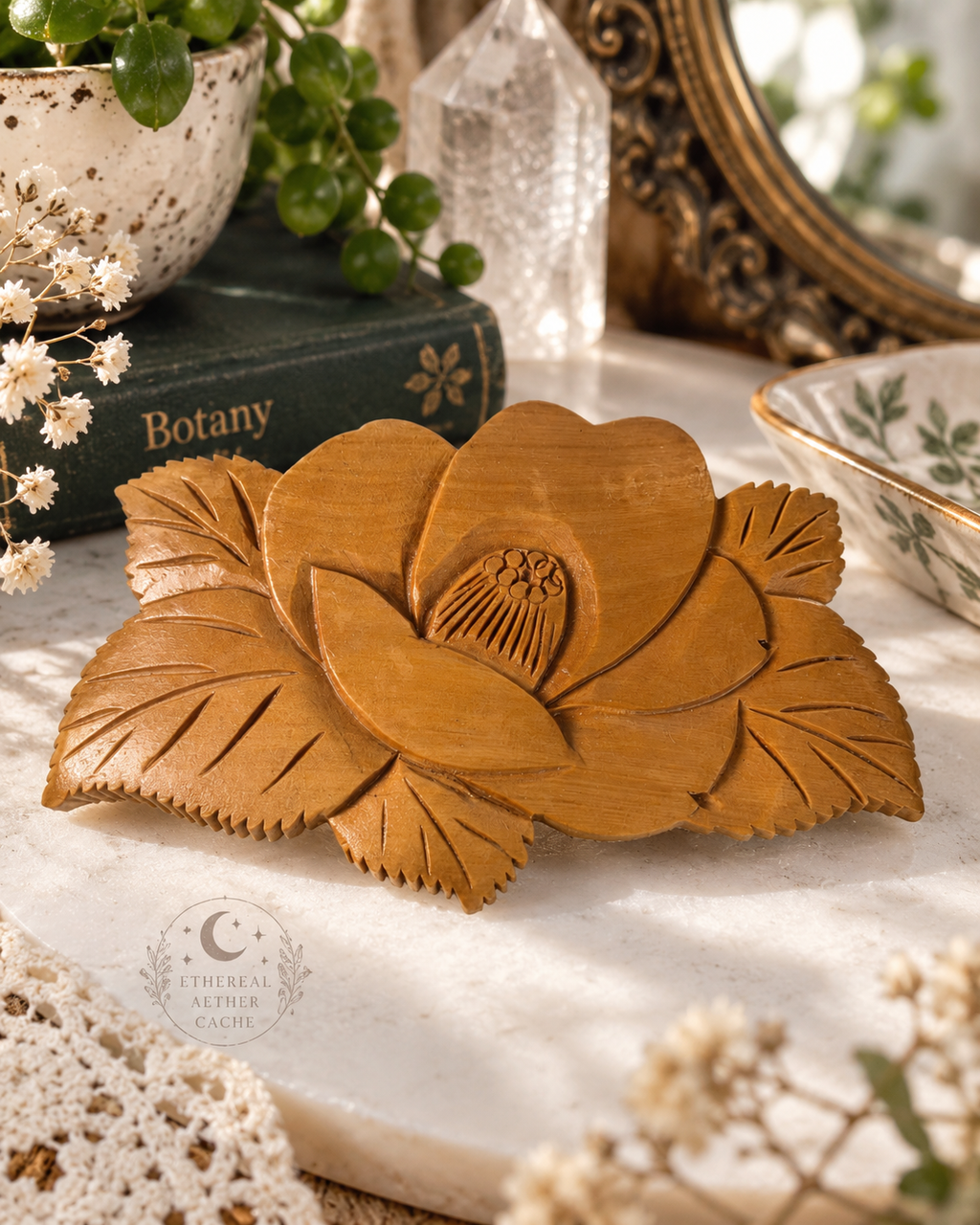 Carved Wooden Flower Barrette | 3.25" Floral Wood Hair Clip Vintage Style