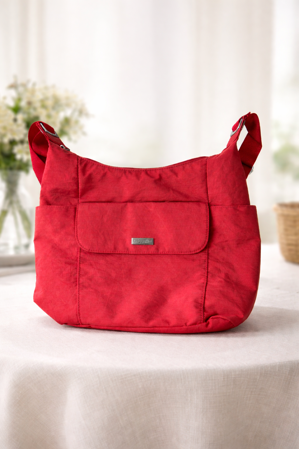 Baggallini Lightweight Crossbody Shoulder Bag | Coral Red Nylon| Light Charcoal Interior | Travel & Everyday Carry