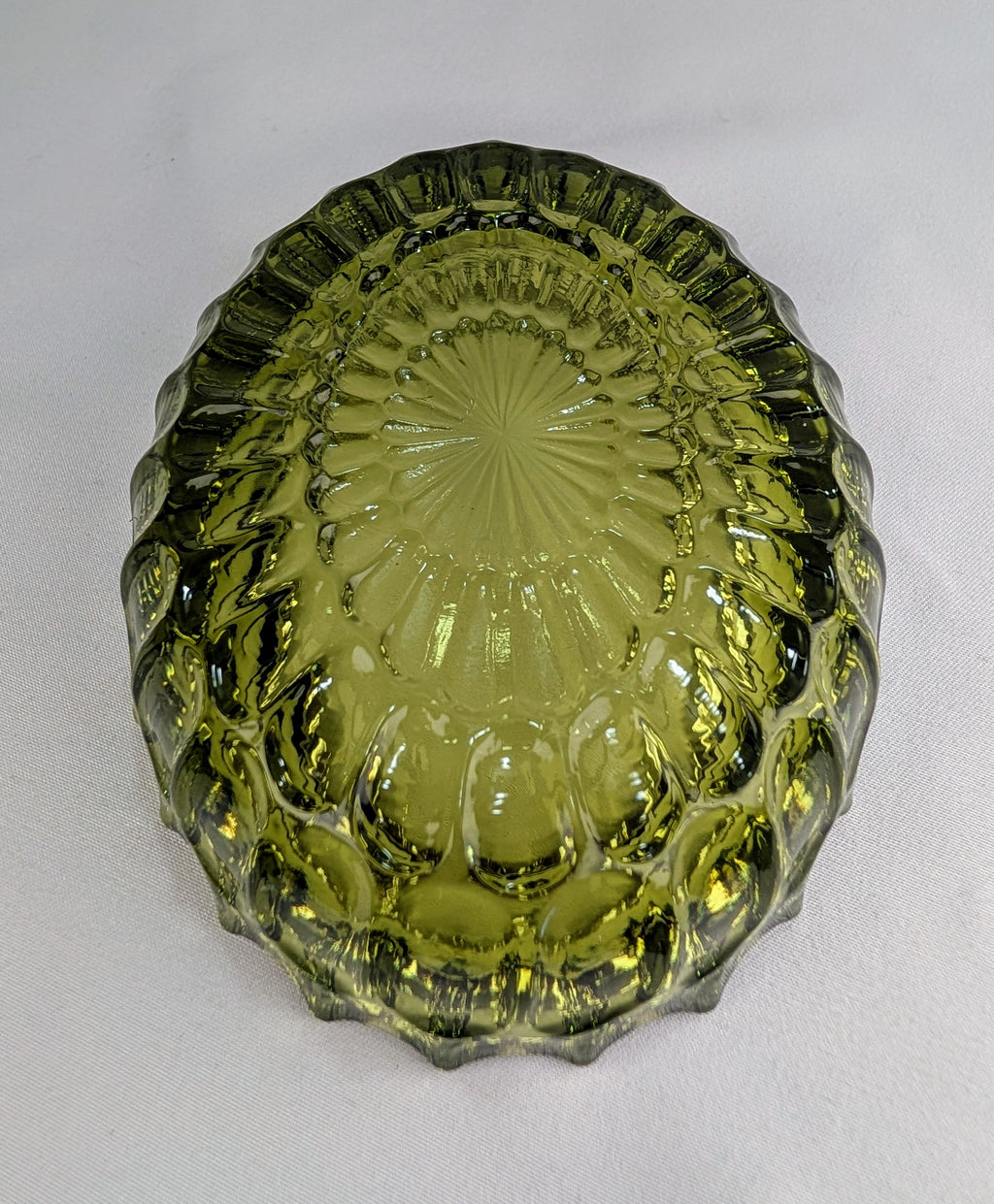 Vintage Olive Green Frostia Style Pressed Glass Trinket Dish Catchall Bowl Ashtray