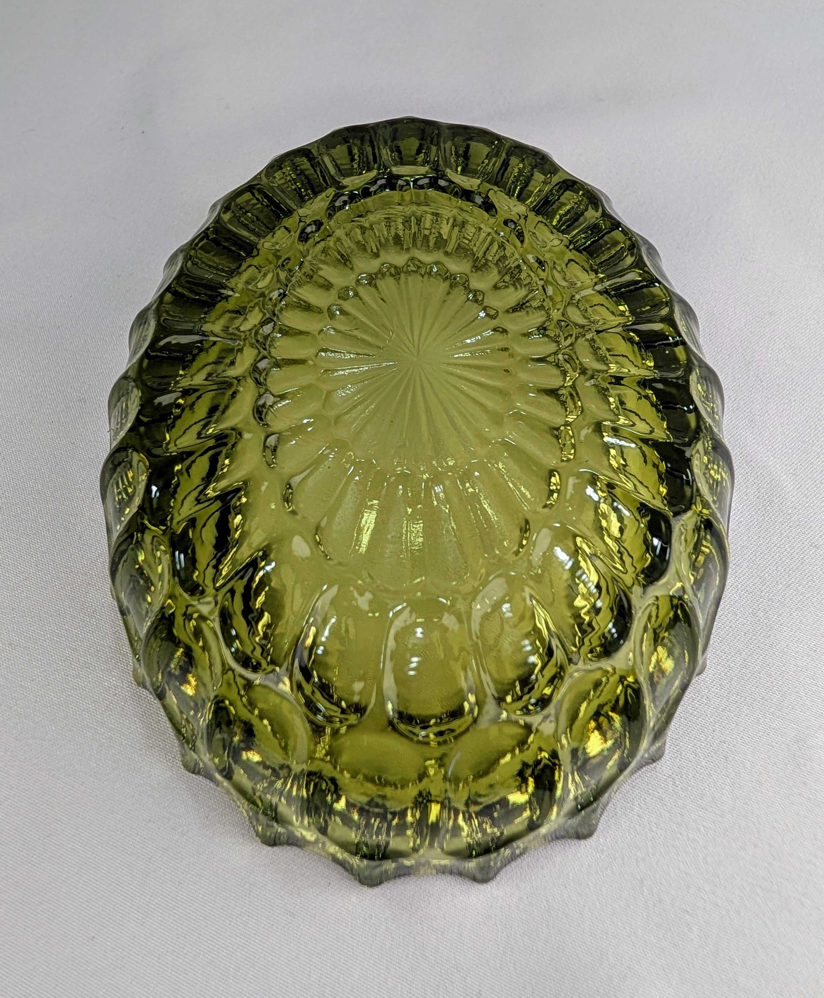 Vintage Olive Green Frostia Style Pressed Glass Trinket Dish Catchall Bowl Ashtray