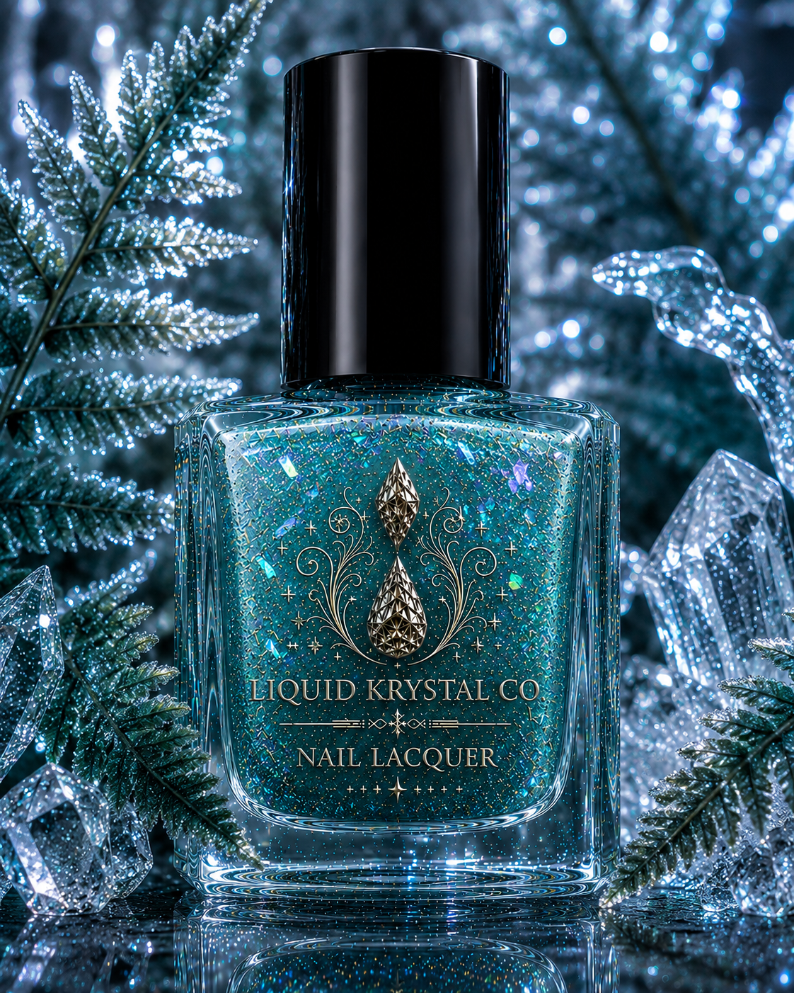 Frostbitten Fern Nail Polish | Evergreen Teal Shimmer Lacquer | Icy Blue Crystal Sparkle | Winter Forest Nail Polish | Liquid Krystal Co.