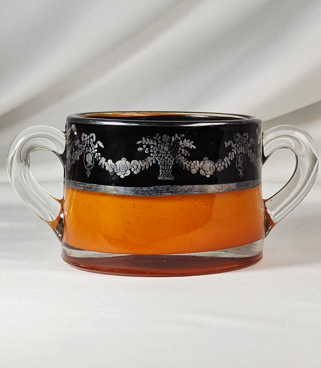Vintage Orange Black Glass Creamer & Sugar Bowl Set Silver-Tone Floral Overlay