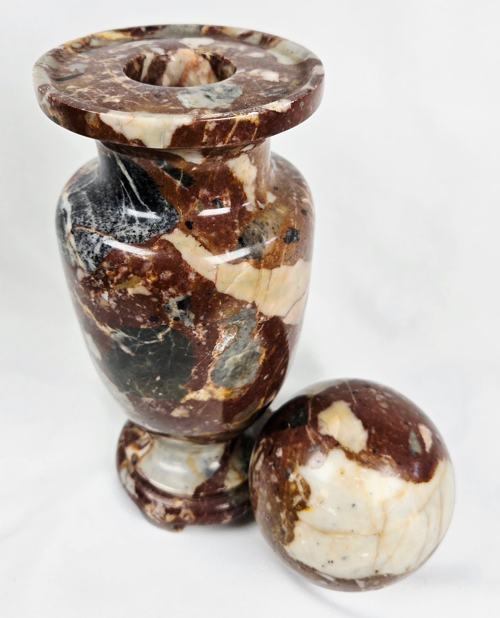 Vintage Brecciated Stone Decorative Vessel with Orb Finial Lid – 10” Tall, Heavy Stone Decor