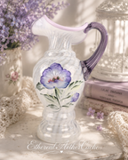 Fenton Hand Blown Hand Painted Lavender Floral Art Glass Pitcher Vase USA Signed Vintage 