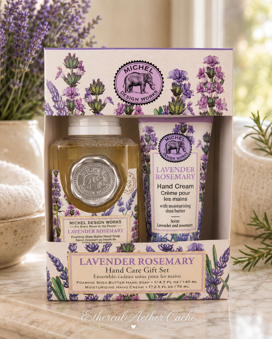 Michel Design Works Lavender Rosemary Hand Care Gift Set | Factory Sealed | Foaming Shea Butter Soap & Hand Cream Gift Box