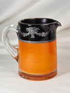 Vintage Orange Black Glass Creamer & Sugar Bowl Set Silver-Tone Floral Overlay