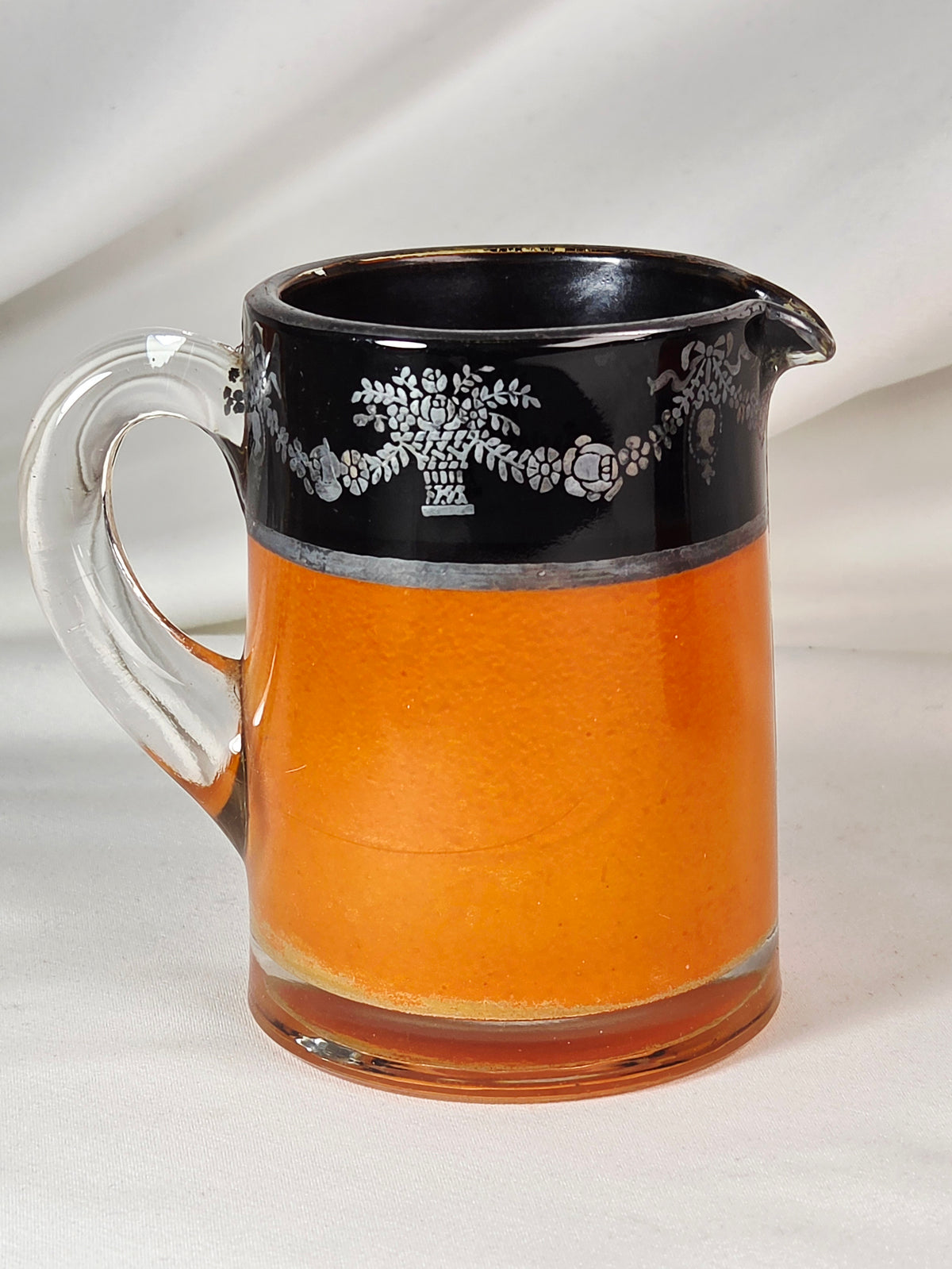 Vintage Orange Black Glass Creamer & Sugar Bowl Set Silver-Tone Floral Overlay
