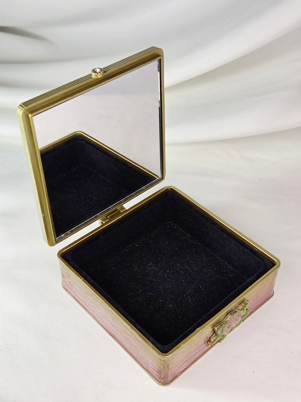 Ornate Floral Enamel Mirrored Jewelry Box Raised Rose Rhinestones Gold Tone Jay Strongwater Style 4"