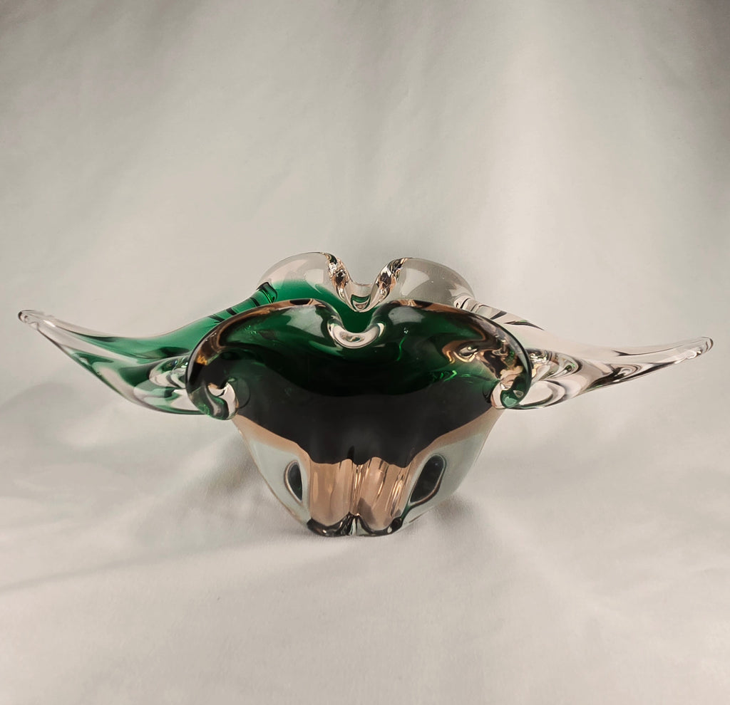 Large Sculptural Sommerso Art Glass Bowl – Emerald Green & Blush 12” Centerpiece