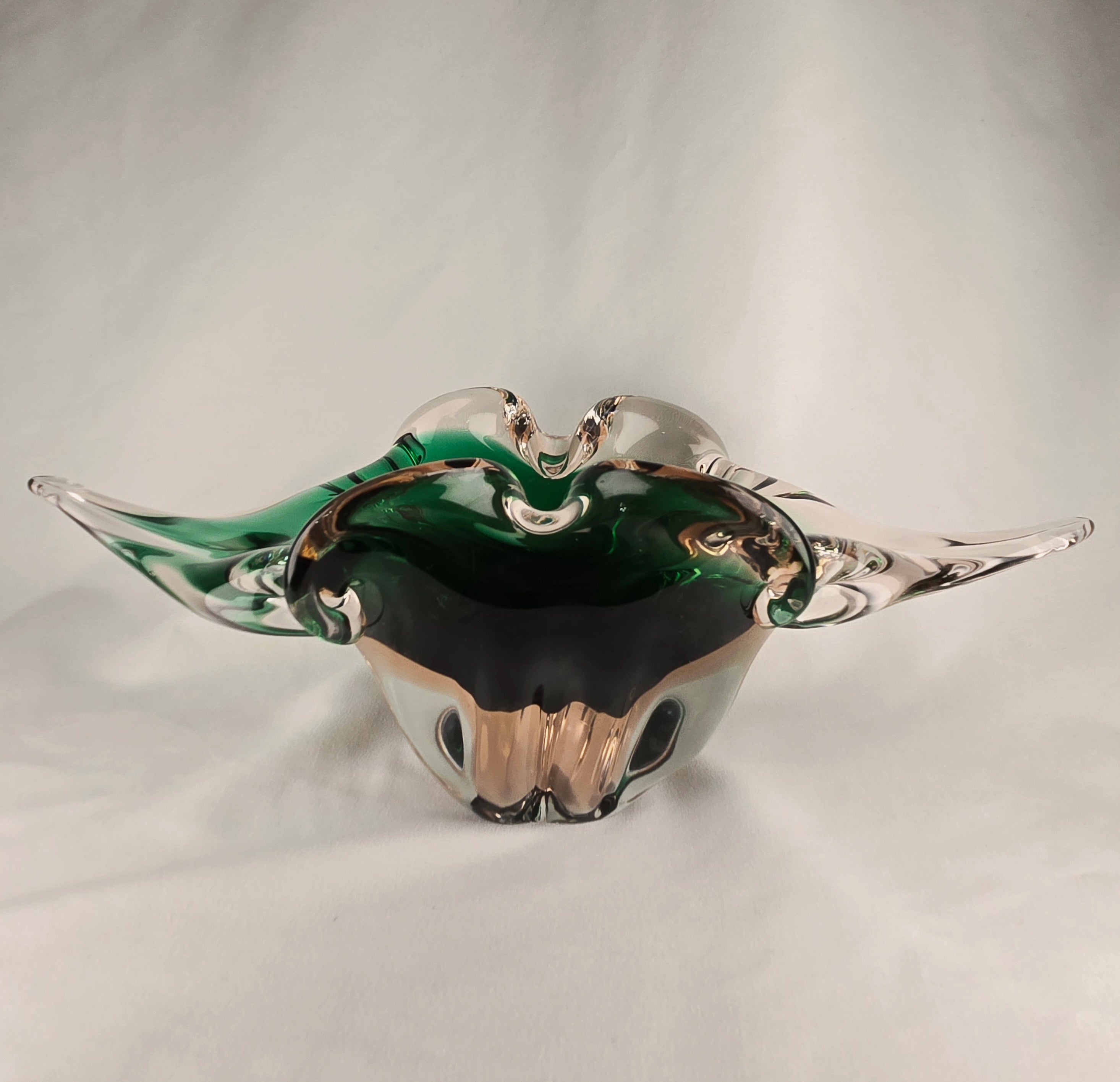 Large Sculptural Sommerso Art Glass Bowl – Emerald Green & Blush 12” Centerpiece