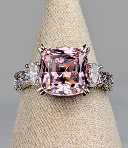 925 Sterling Silver Pink CZ Statement Ring Size 7 Vintage-Inspired Cocktail Ring