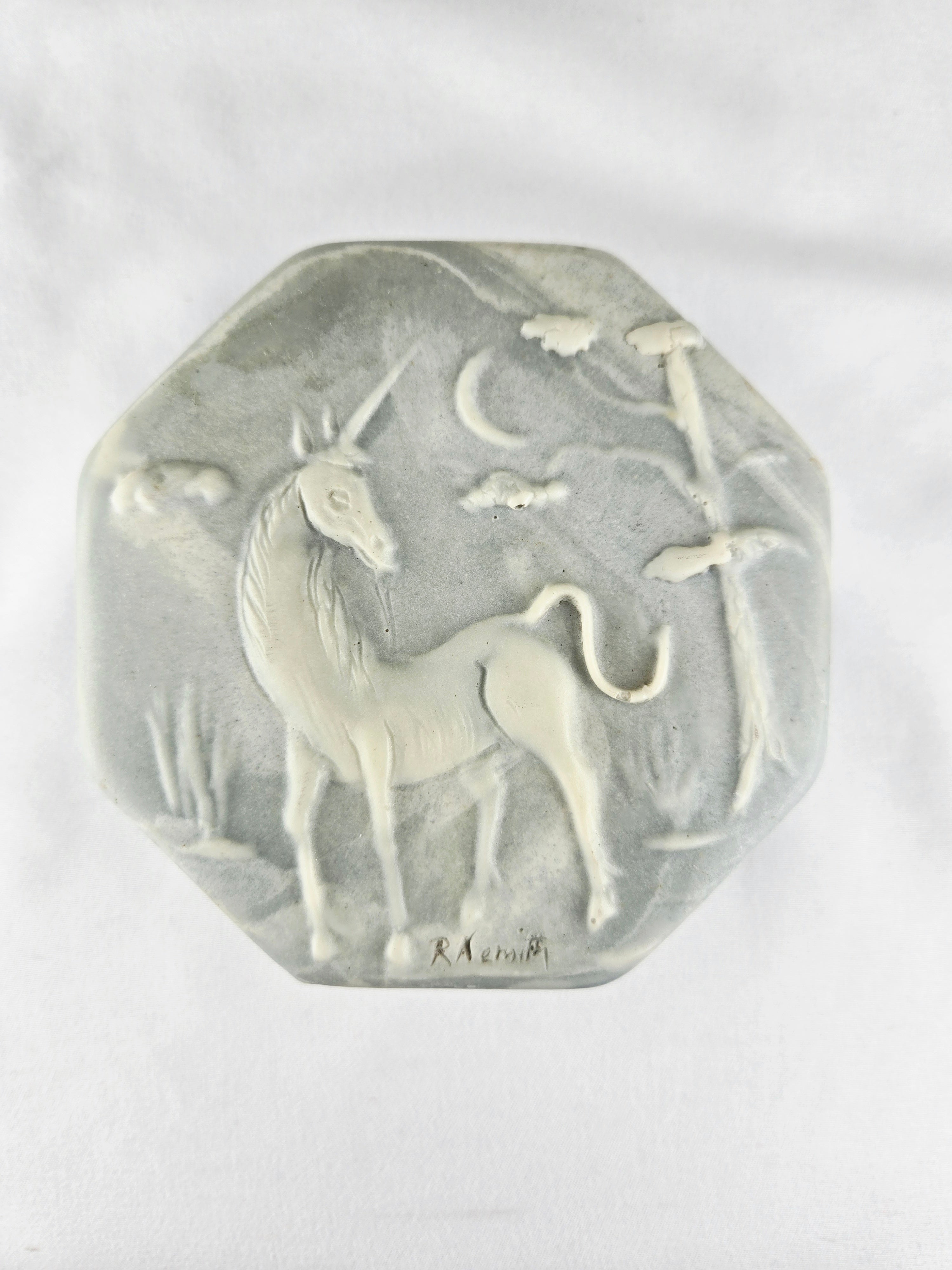 Robert Nemith Vintage Blue Soapstone Unicorn Trinket Box
