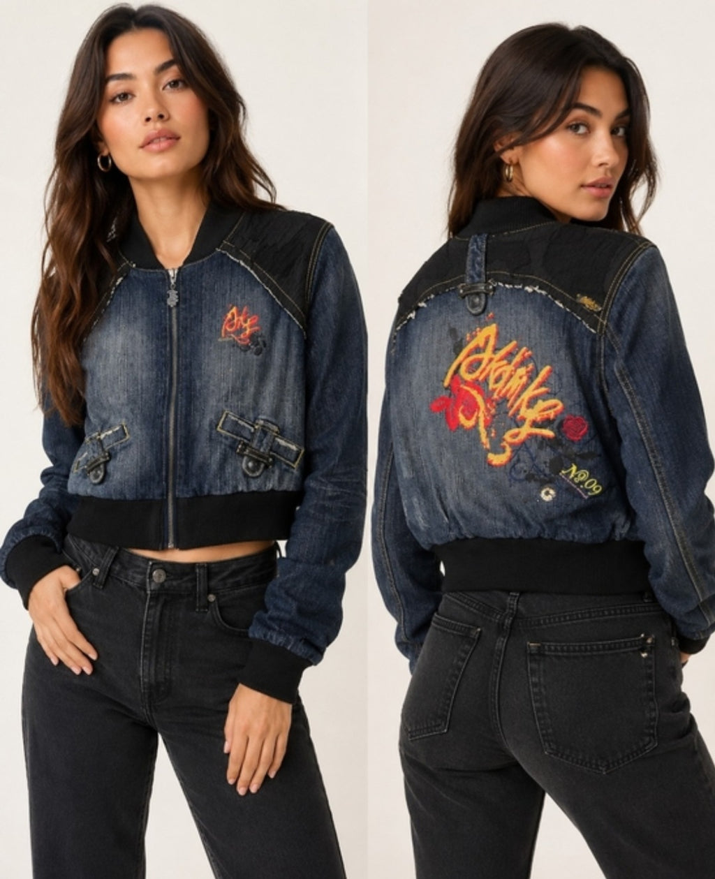 Y2K Akademiks Cropped Denim Bomber Jacket – Embroidered Buckle Detail Zip-Up