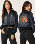 Y2K Akademiks Cropped Denim Bomber Jacket – Embroidered Buckle Detail Zip-Up